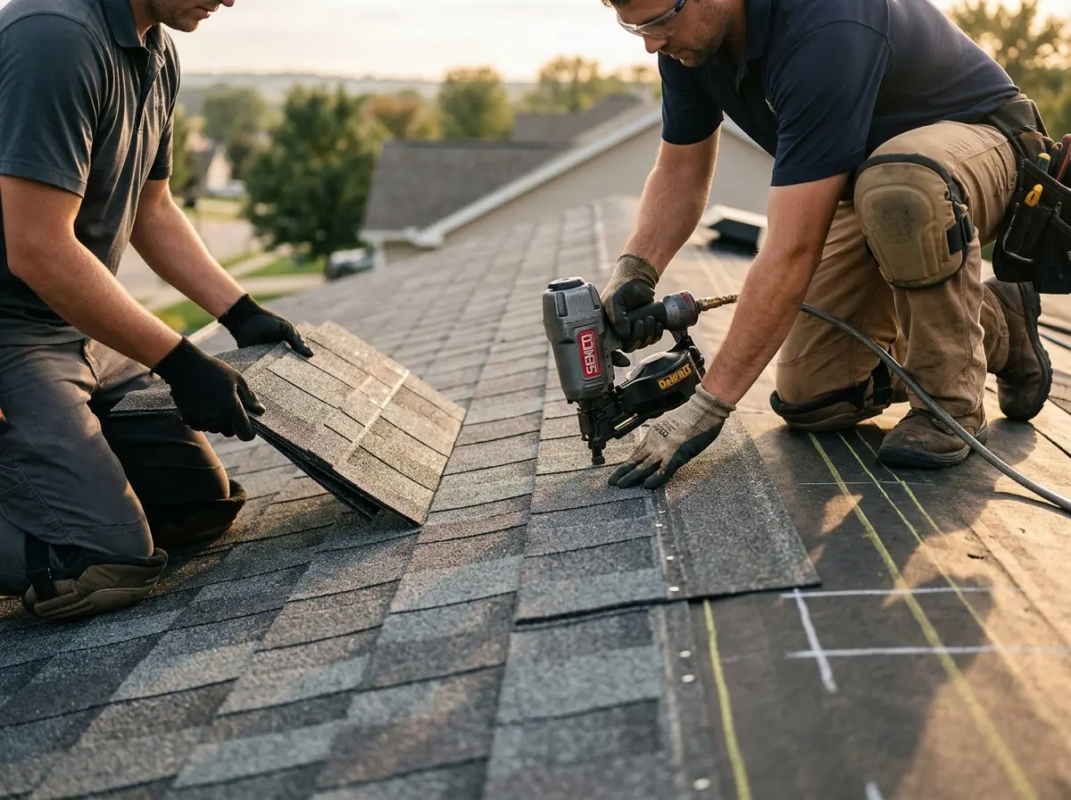 Professional roofer working on a residential roof in Swatara